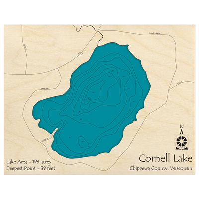 Bathymetric topo map of Cornell Lake, WI with roads, towns and depths noted in blue water.