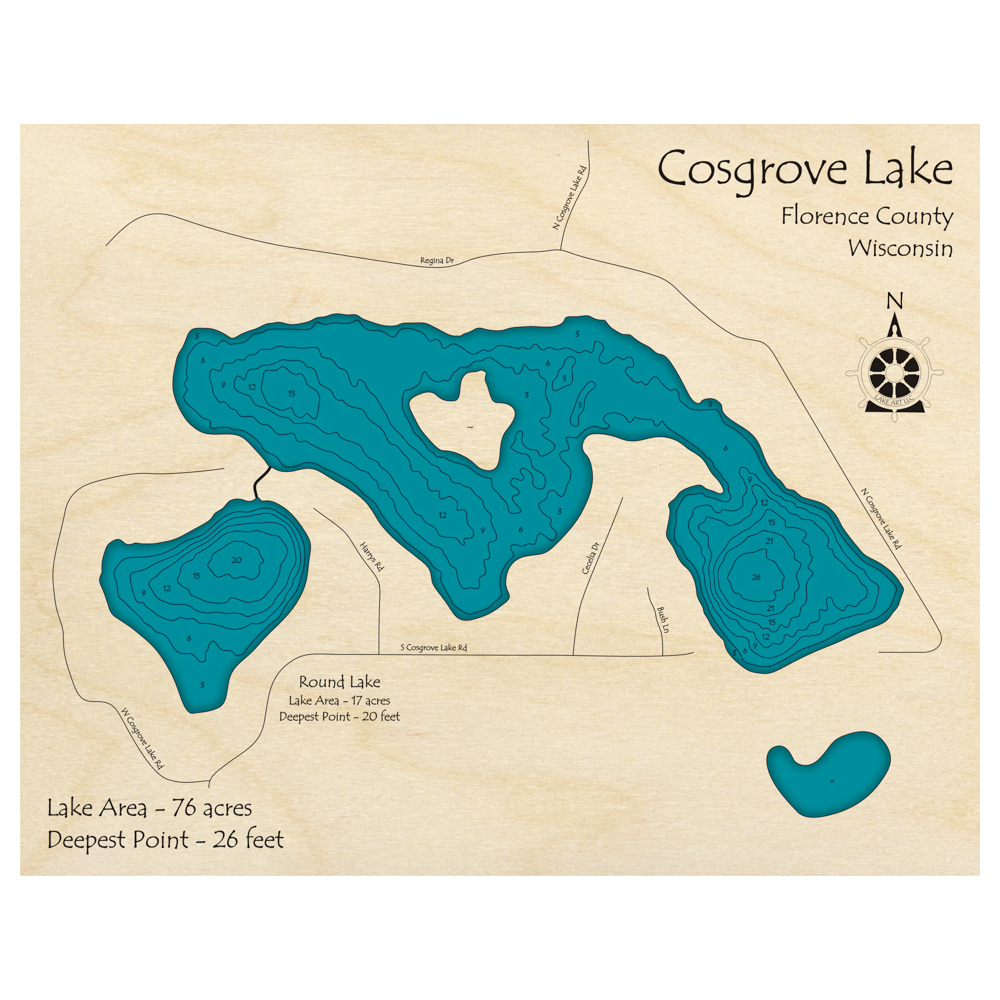 Bathymetric topo map of Cosgrove Lake, WI with roads, towns and depths noted in blue water.