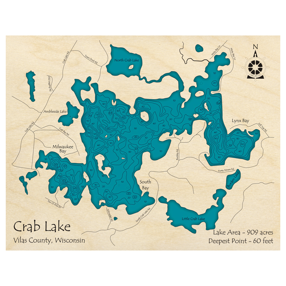 Bathymetric topo map of Crab Lake, WI with roads, towns and depths noted in blue water.