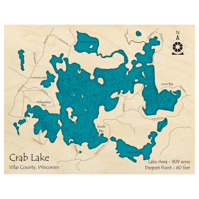 Bathymetric topo map of Crab Lake, WI with roads, towns and depths noted in blue water.