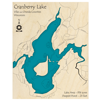 Bathymetric topo map of Cranberry Lake, WI with roads, towns and depths noted in blue water.