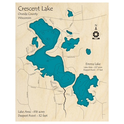 Bathymetric topo map of Crescent Lake, WI with roads, towns and depths noted in blue water.