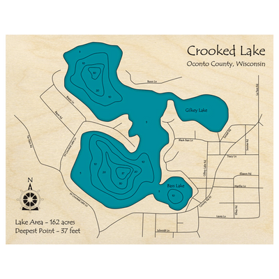 Bathymetric topo map of Crooked Lake, WI with roads, towns and depths noted in blue water.