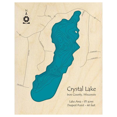 Bathymetric topo map of Crystal Lake, WI with roads, towns and depths noted in blue water.