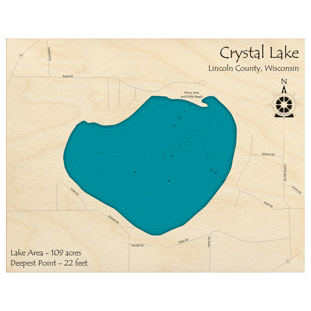 Bathymetric topo map of Crystal Lake, WI with roads, towns and depths noted in blue water.