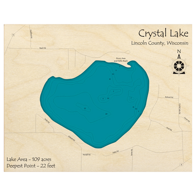Bathymetric topo map of Crystal Lake, WI with roads, towns and depths noted in blue water.
