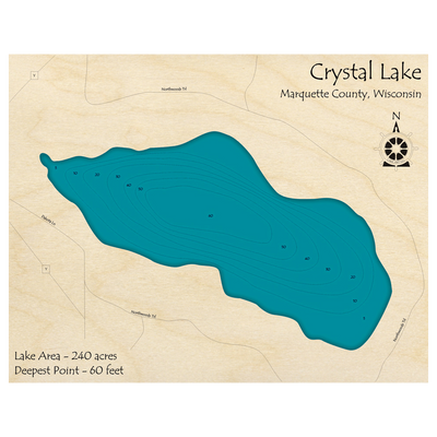 Bathymetric topo map of Crystal Lake, WI with roads, towns and depths noted in blue water.