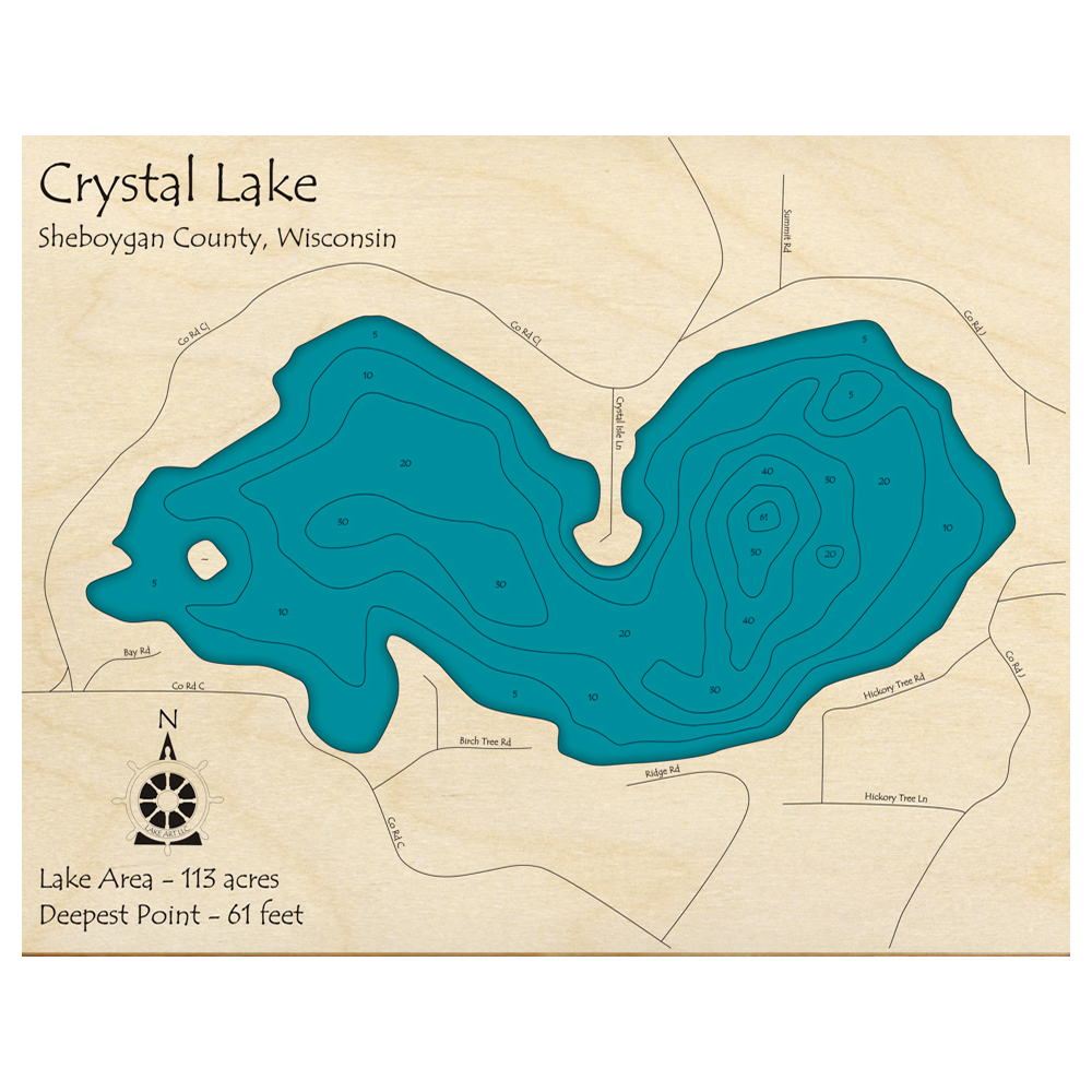 Bathymetric topo map of Crystal Lake, WI with roads, towns and depths noted in blue water.