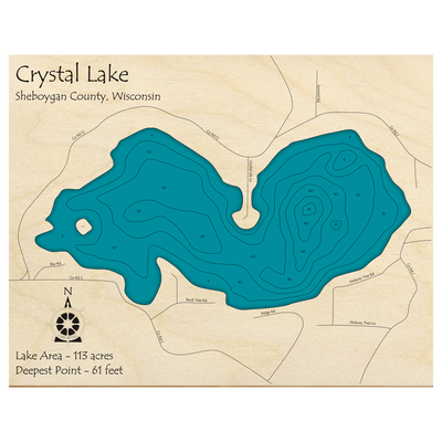 Bathymetric topo map of Crystal Lake, WI with roads, towns and depths noted in blue water.