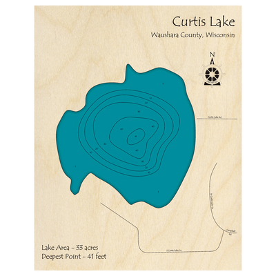 Bathymetric topo map of Curtis Lake, WI with roads, towns and depths noted in blue water.