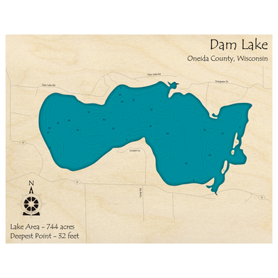 Bathymetric topo map of Dam Lake, WI with roads, towns and depths noted in blue water.