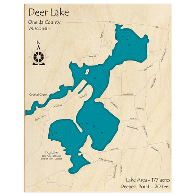 Bathymetric topo map of Deer Lake, WI with roads, towns and depths noted in blue water.