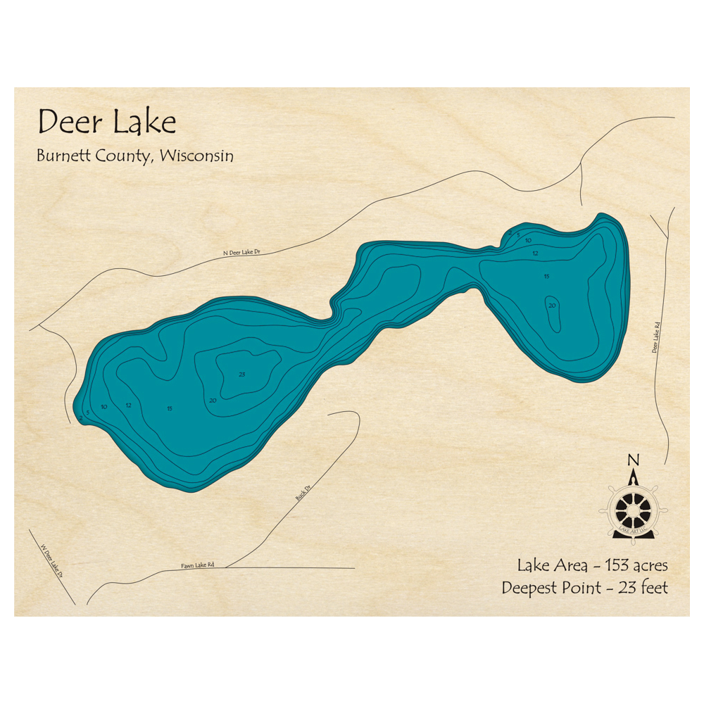 Bathymetric topo map of Deer Lake, WI with roads, towns and depths noted in blue water.