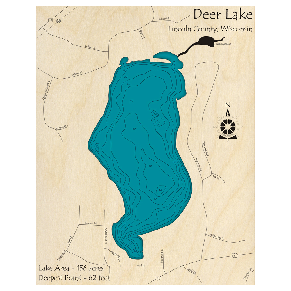 Bathymetric topo map of Deer Lake, WI with roads, towns and depths noted in blue water.