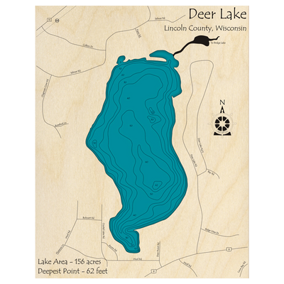 Bathymetric topo map of Deer Lake, WI with roads, towns and depths noted in blue water.