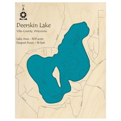 Bathymetric topo map of Deerskin Lake, WI with roads, towns and depths noted in blue water.
