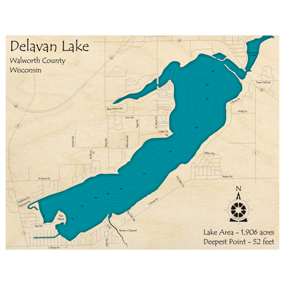 Bathymetric topo map of Lake Delavan, WI with roads, towns and depths noted in blue water.