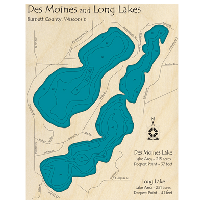 Bathymetric topo map of Des Moines Lake with Long Lake, WI with roads, towns and depths noted in blue water.