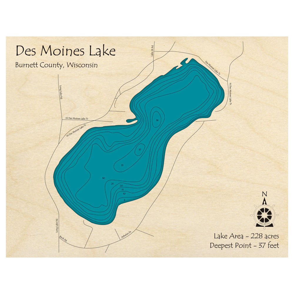 Bathymetric topo map of Des Moines Lake, WI with roads, towns and depths noted in blue water.