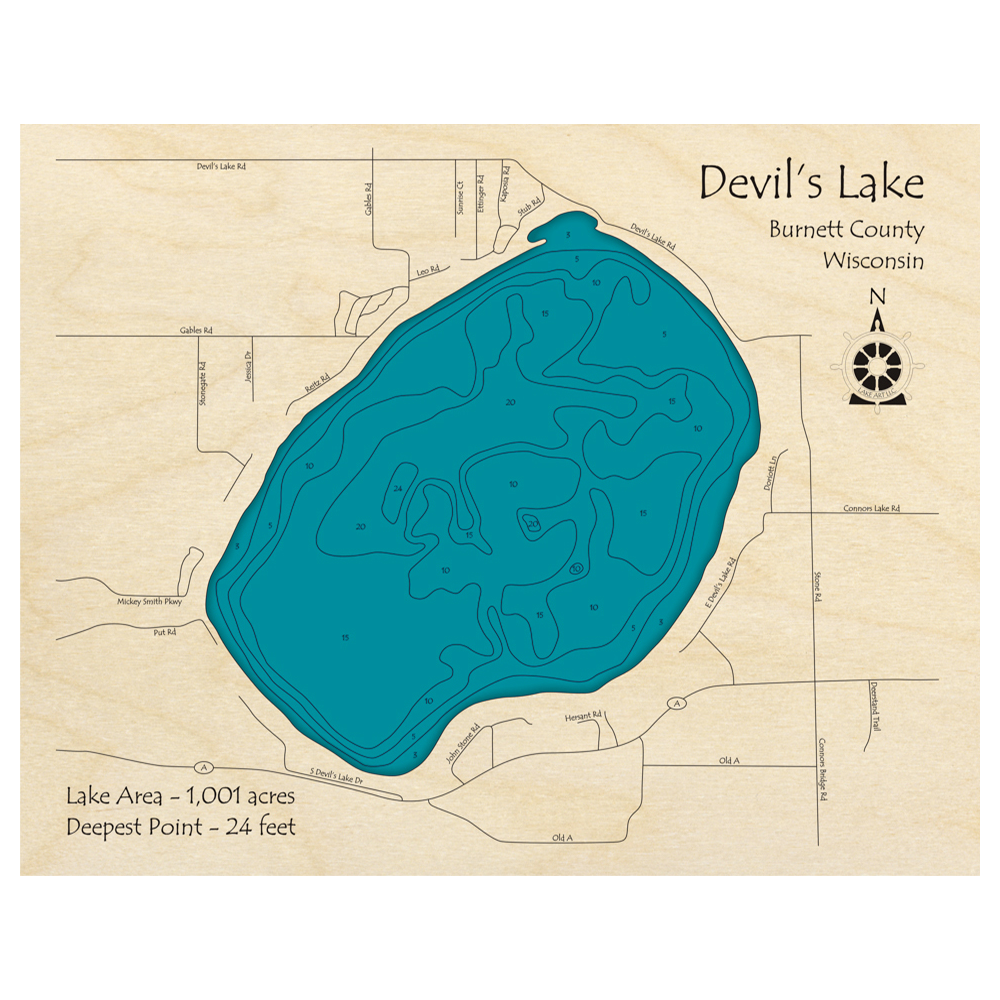 Bathymetric topo map of Devils Lake, WI with roads, towns and depths noted in blue water.