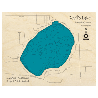 Bathymetric topo map of Devils Lake, WI with roads, towns and depths noted in blue water.