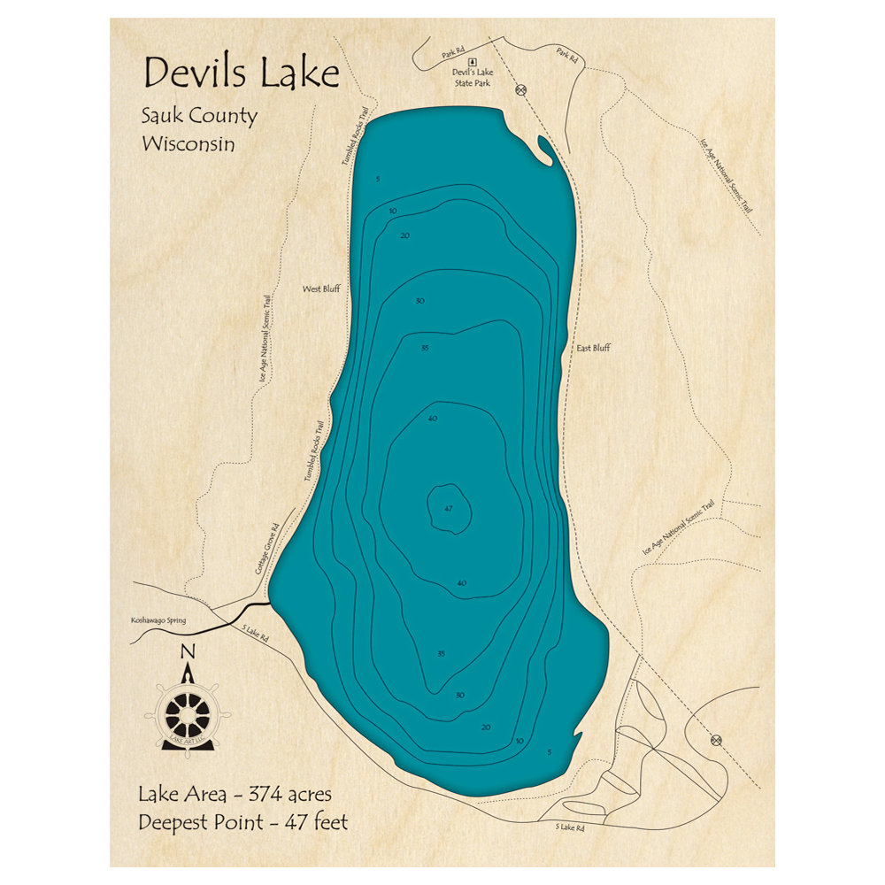Bathymetric topo map of Devils Lake, WI with roads, towns and depths noted in blue water.