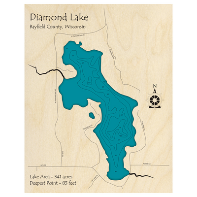 Bathymetric topo map of Diamond Lake, WI with roads, towns and depths noted in blue water.