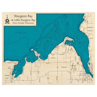Bathymetric topo map of Little Sturgeon Bay and Sturgeon Bay, WI with roads, towns and depths noted in blue water.