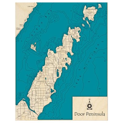 Bathymetric topo map of Door Peninsula, WI with roads, towns and depths noted in blue water.