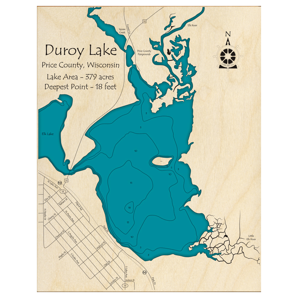 Bathymetric topo map of Duroy Lake, WI with roads, towns and depths noted in blue water.