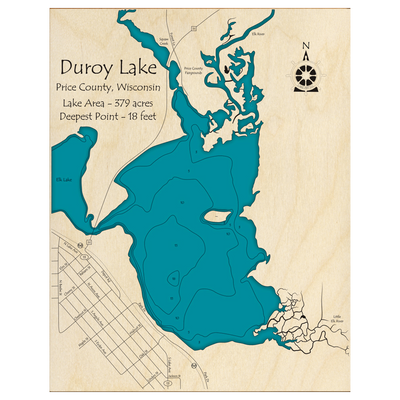 Bathymetric topo map of Duroy Lake, WI with roads, towns and depths noted in blue water.