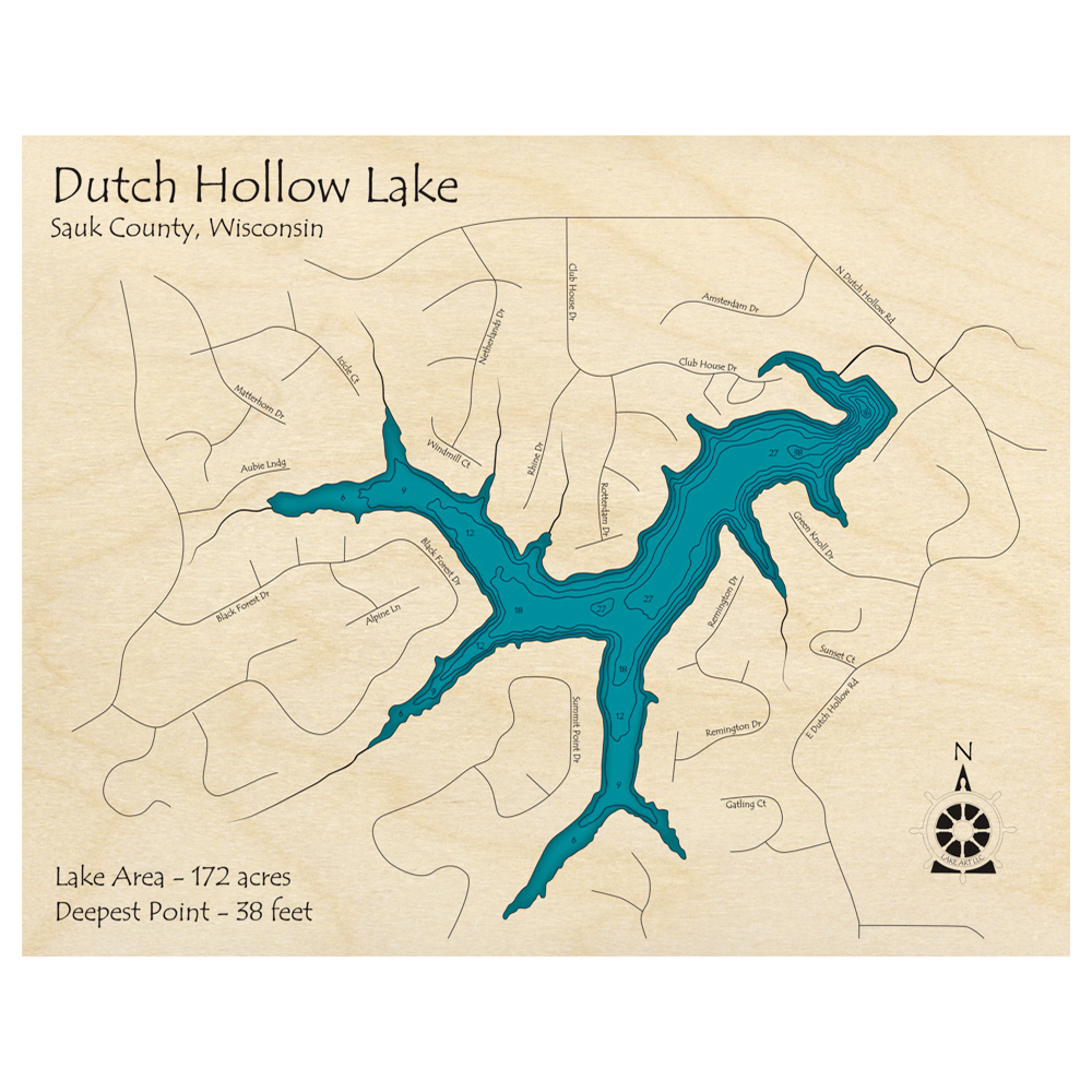Bathymetric topo map of Dutch Hollow Lake, WI with roads, towns and depths noted in blue water.
