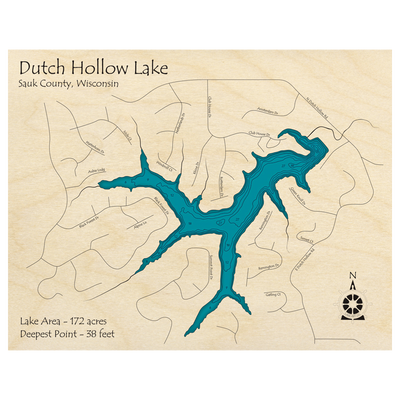 Bathymetric topo map of Dutch Hollow Lake, WI with roads, towns and depths noted in blue water.
