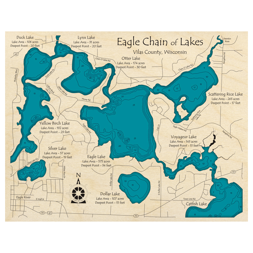 Bathymetric topo map of Eagle Chain of Lakes, WI with roads, towns and depths noted in blue water.