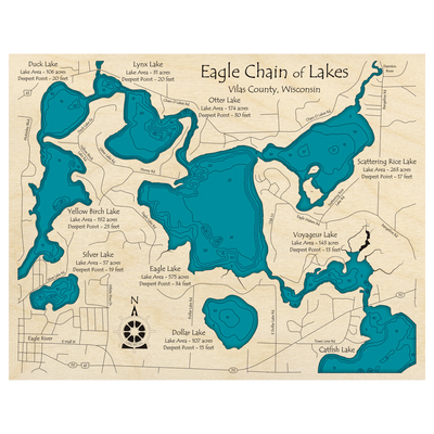 Bathymetric topo map of Eagle Chain of Lakes, WI with roads, towns and depths noted in blue water.