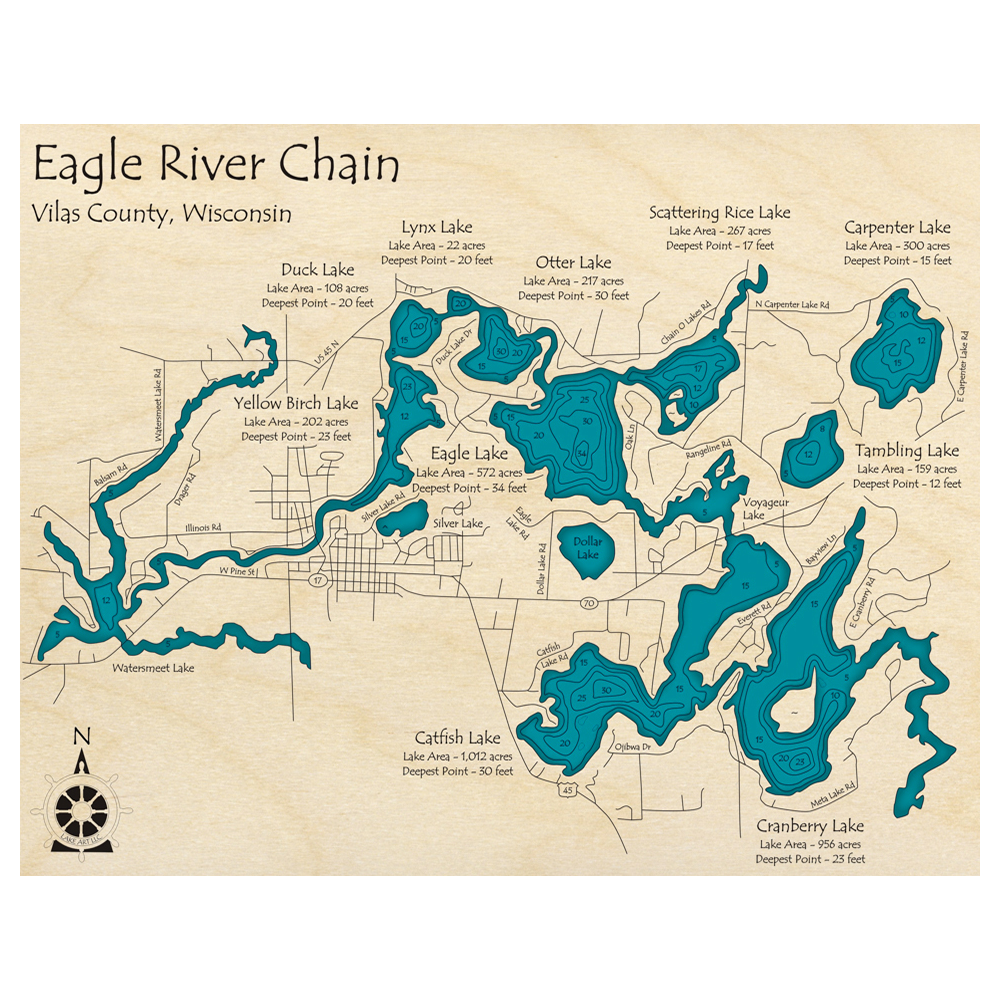 Bathymetric topo map of Eagle River Chain of Lakes, WI with roads, towns and depths noted in blue water.