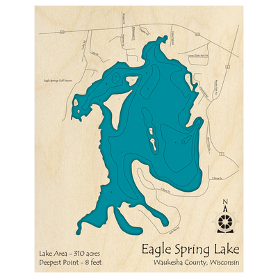 Bathymetric topo map of Eagle Spring Lake, WI with roads, towns and depths noted in blue water.