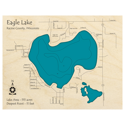 Bathymetric topo map of Eagle Lake, WI with roads, towns and depths noted in blue water.