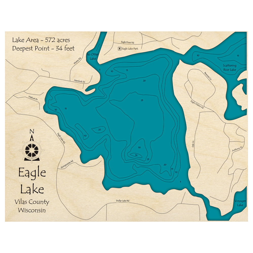 Bathymetric topo map of Eagle Lake, WI with roads, towns and depths noted in blue water.