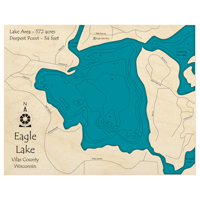 Bathymetric topo map of Eagle Lake, WI with roads, towns and depths noted in blue water.