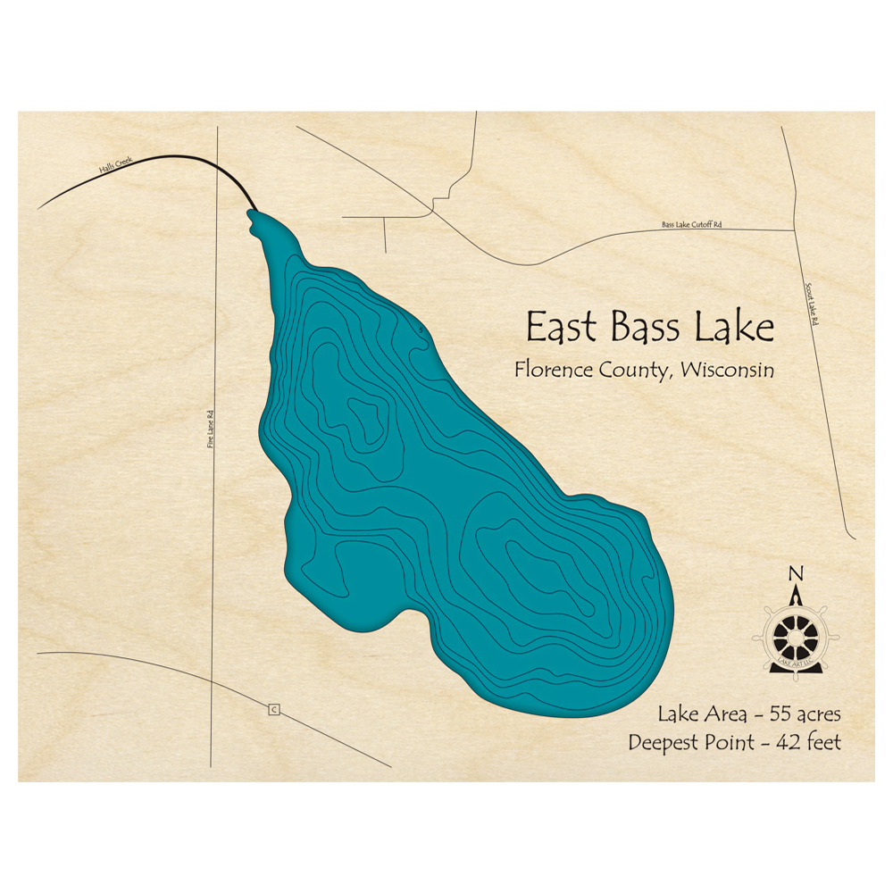 Bathymetric topo map of East Bass Lake, WI with roads, towns and depths noted in blue water.