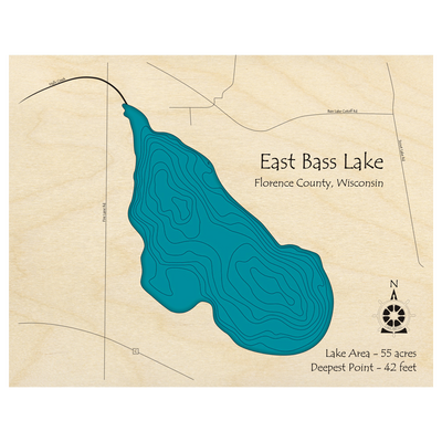 Bathymetric topo map of East Bass Lake, WI with roads, towns and depths noted in blue water.