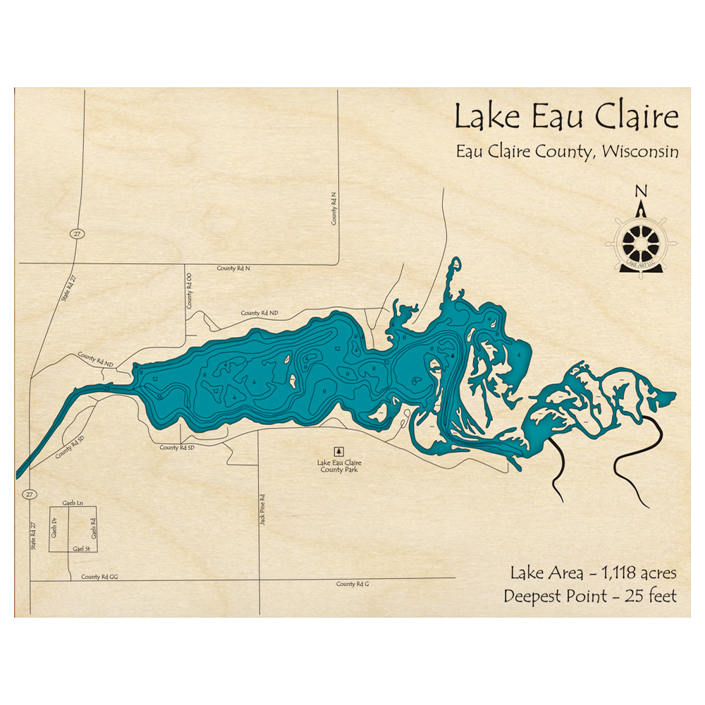 Bathymetric topo map of Lake Eau Claire, WI with roads, towns and depths noted in blue water.