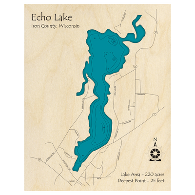 Bathymetric topo map of Echo Lake, WI with roads, towns and depths noted in blue water.