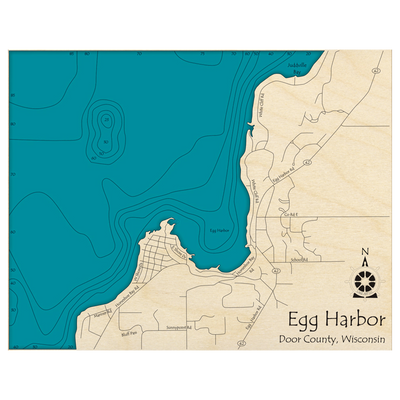 Bathymetric topo map of Egg Harbor, WI with roads, towns and depths noted in blue water.