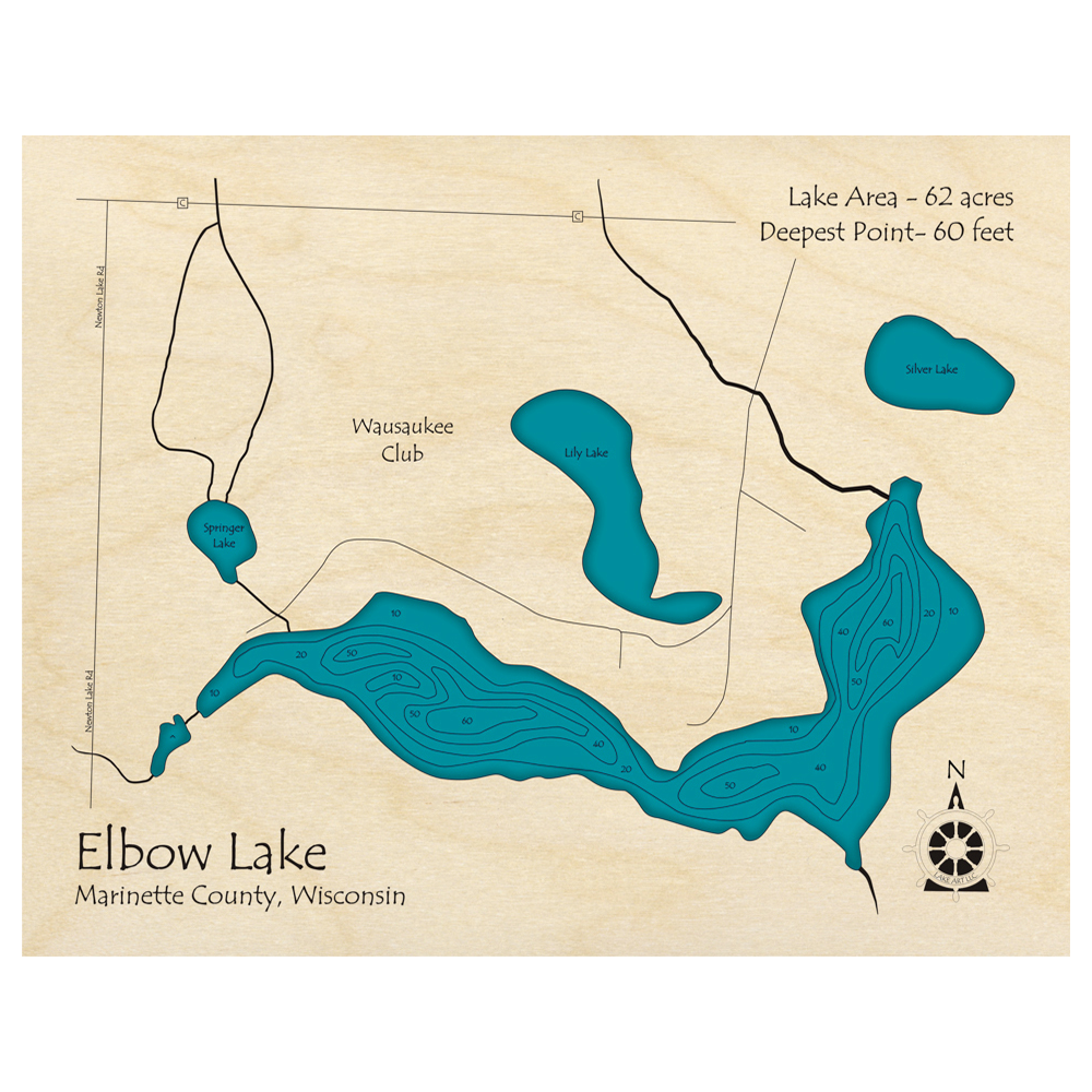 Bathymetric topo map of Elbow Lake, WI with roads, towns and depths noted in blue water.