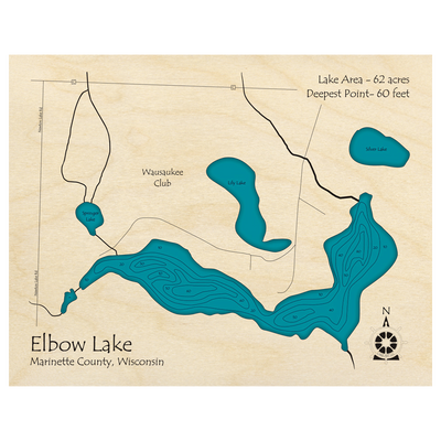 Bathymetric topo map of Elbow Lake, WI with roads, towns and depths noted in blue water.