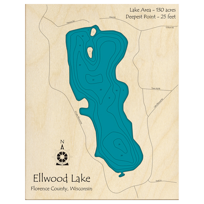 Bathymetric topo map of Ellwood Lake, WI with roads, towns and depths noted in blue water.