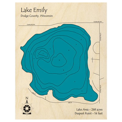 Bathymetric topo map of Lake Emily, WI with roads, towns and depths noted in blue water.