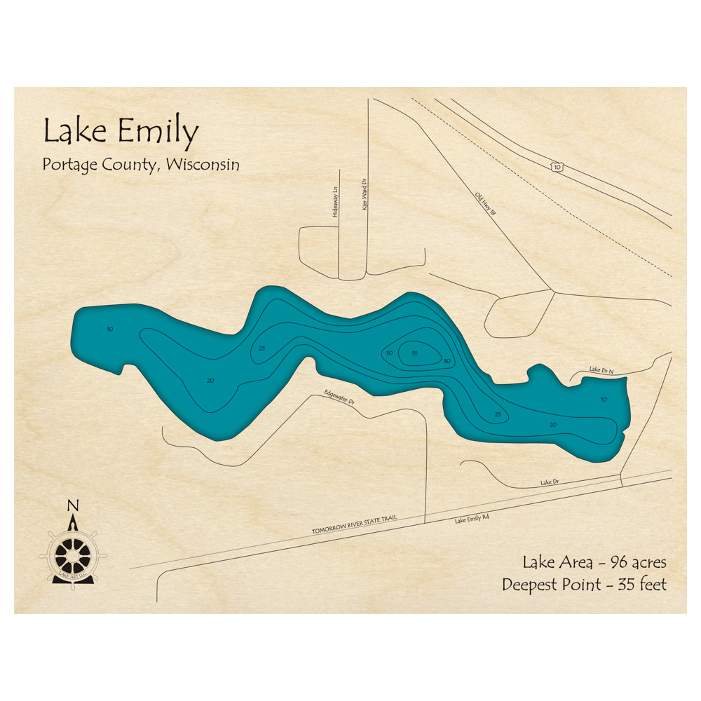 Bathymetric topo map of Lake Emily, WI with roads, towns and depths noted in blue water.